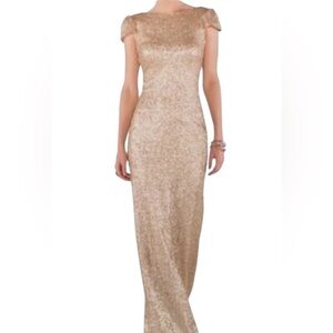 Sorella Vita Cowl Back Sequin Gown Drape Back Gold Cap Sleeve Maxi Dress Sz: 16